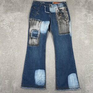 Y2K Akademiks Flare Jeans Womens 9 Blue Distressed Patchwork Denim Retro